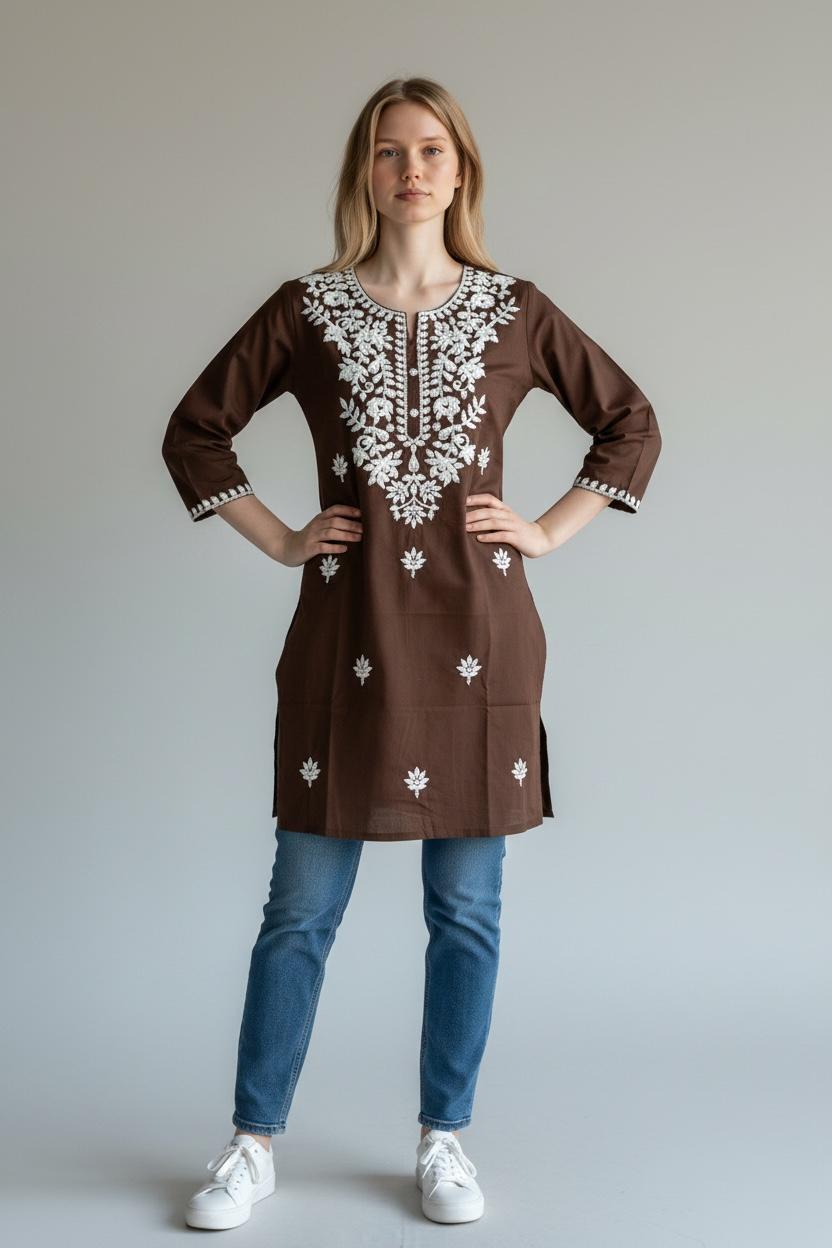 brown chikankari kurti