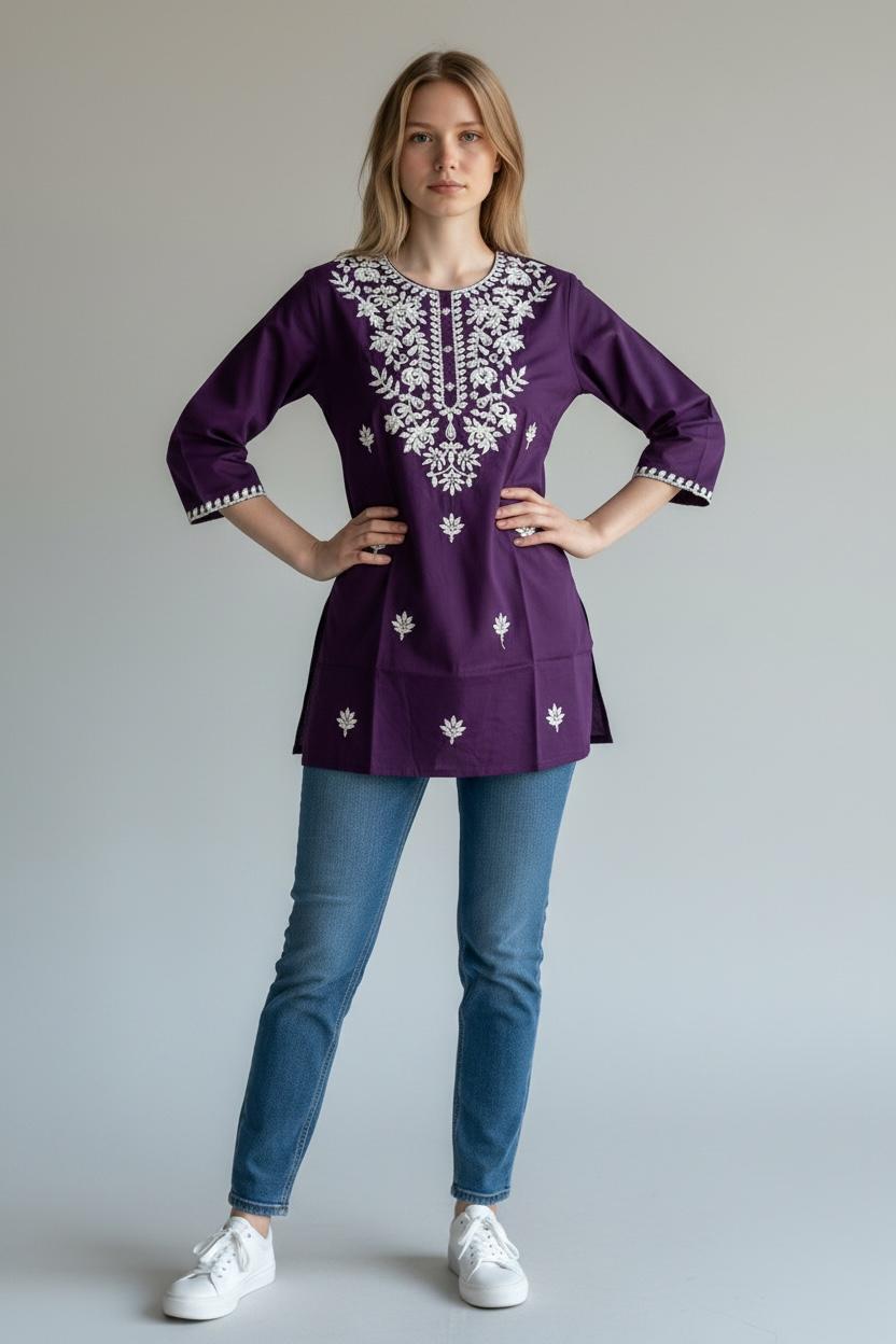 purple chikankari kurti