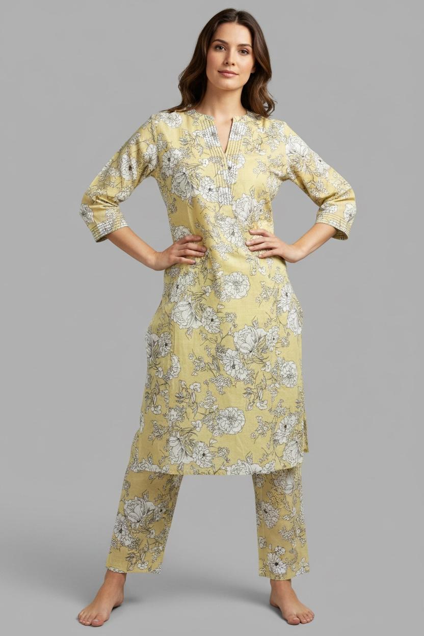 cotton floral printed kurti set – Yellow