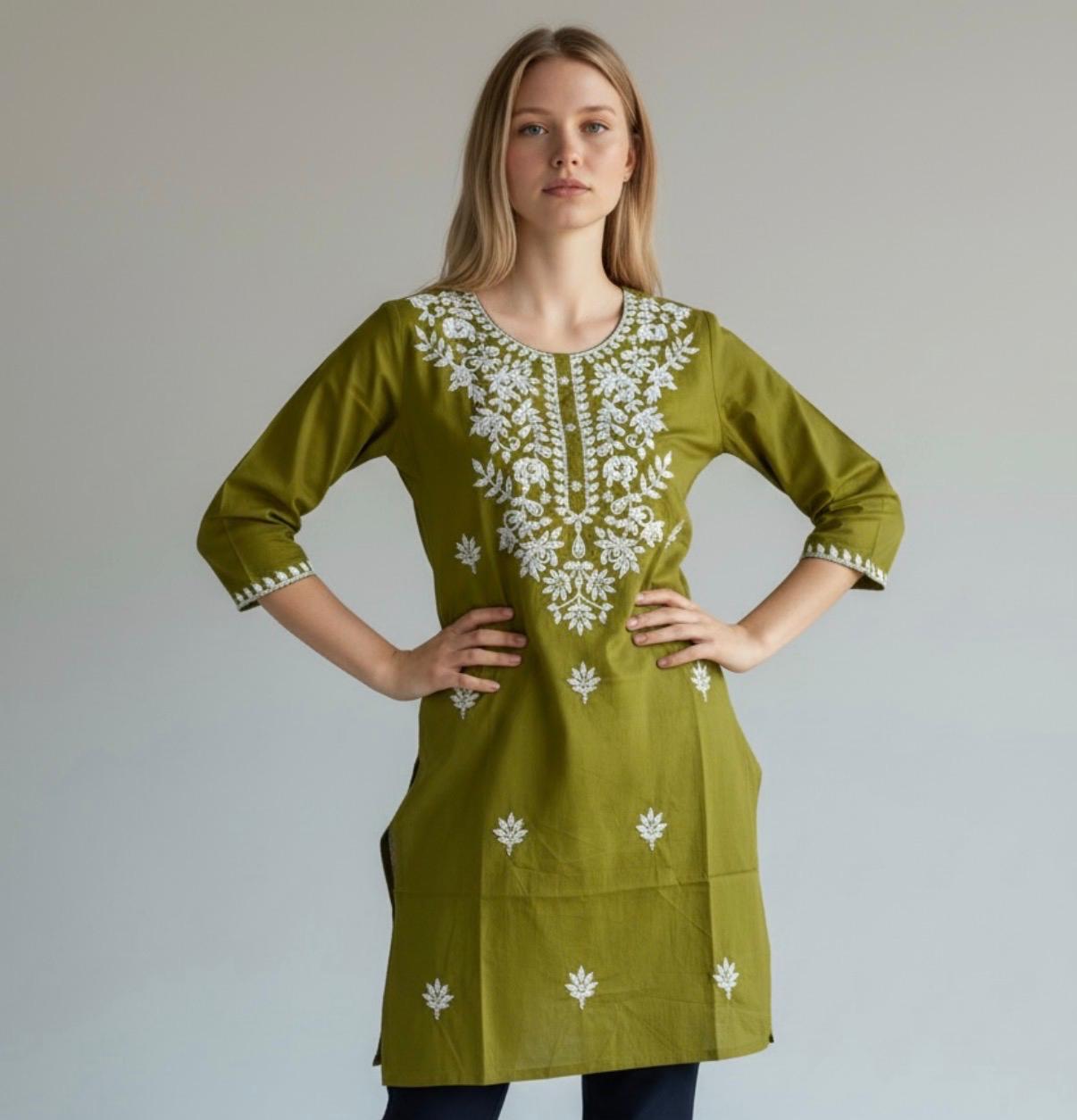 hena green chikankari kurti